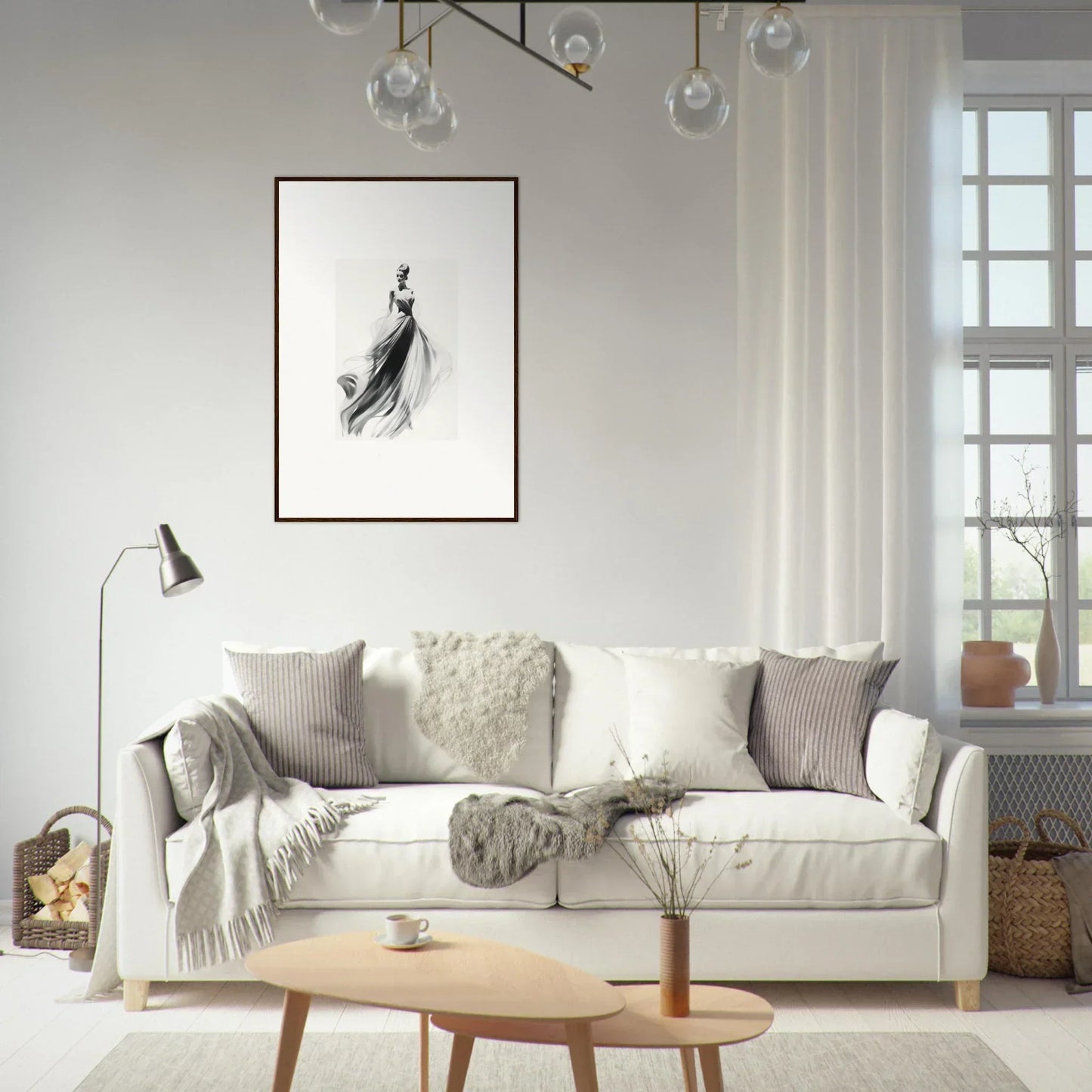 Cozy White Sofa with Gray and Cream Pillows in Sylph Dance Whispers Collection