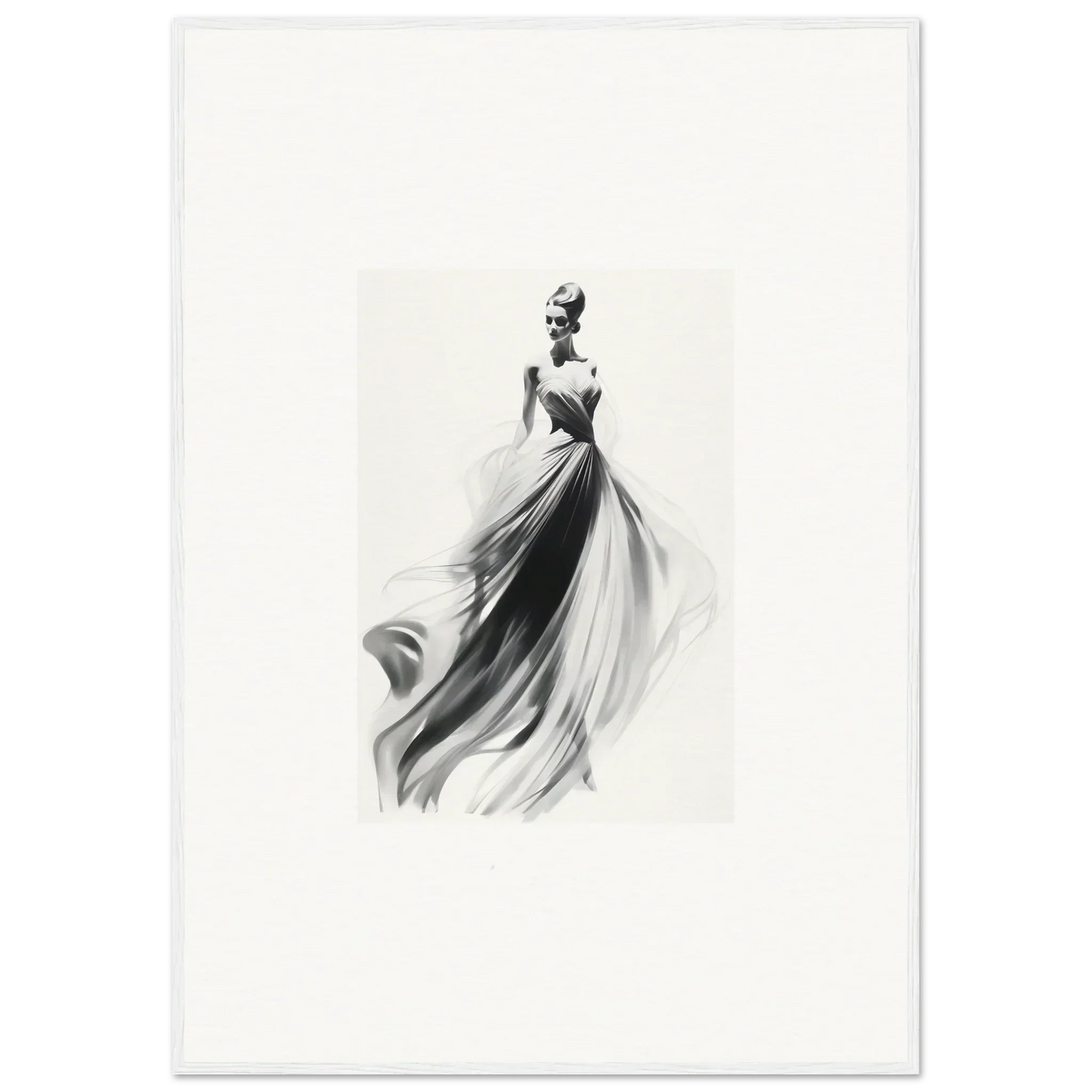 Elegant figure in flowing gown, Sylph Dance Whispers framed wall art in black and white