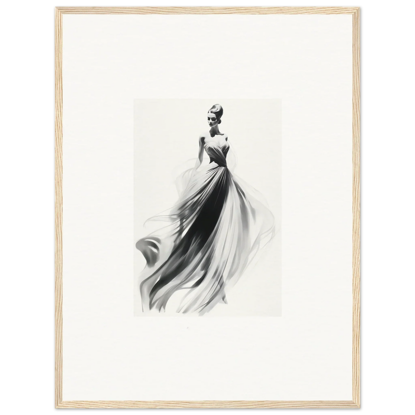 Elegant figure in flowing evening gown in black and white for Sylph Dance Whispers framed wall art