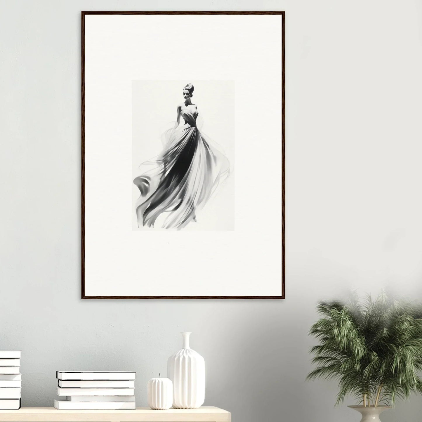 Elegant black and white sketch of an evening gown for Sylph Dance Whispers framed art