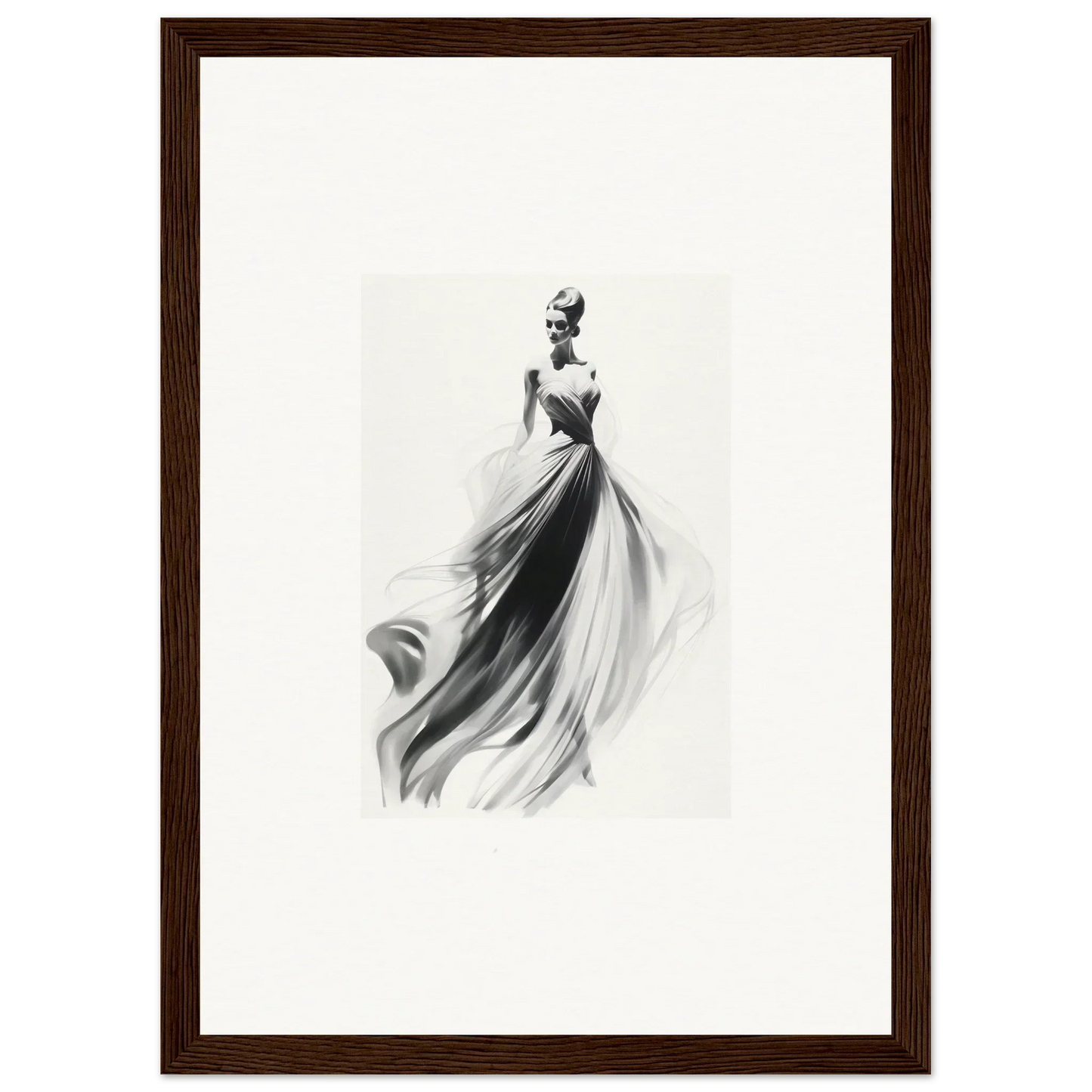 Elegant black and white sketch of a flowing evening gown from Sylph Dance Whispers