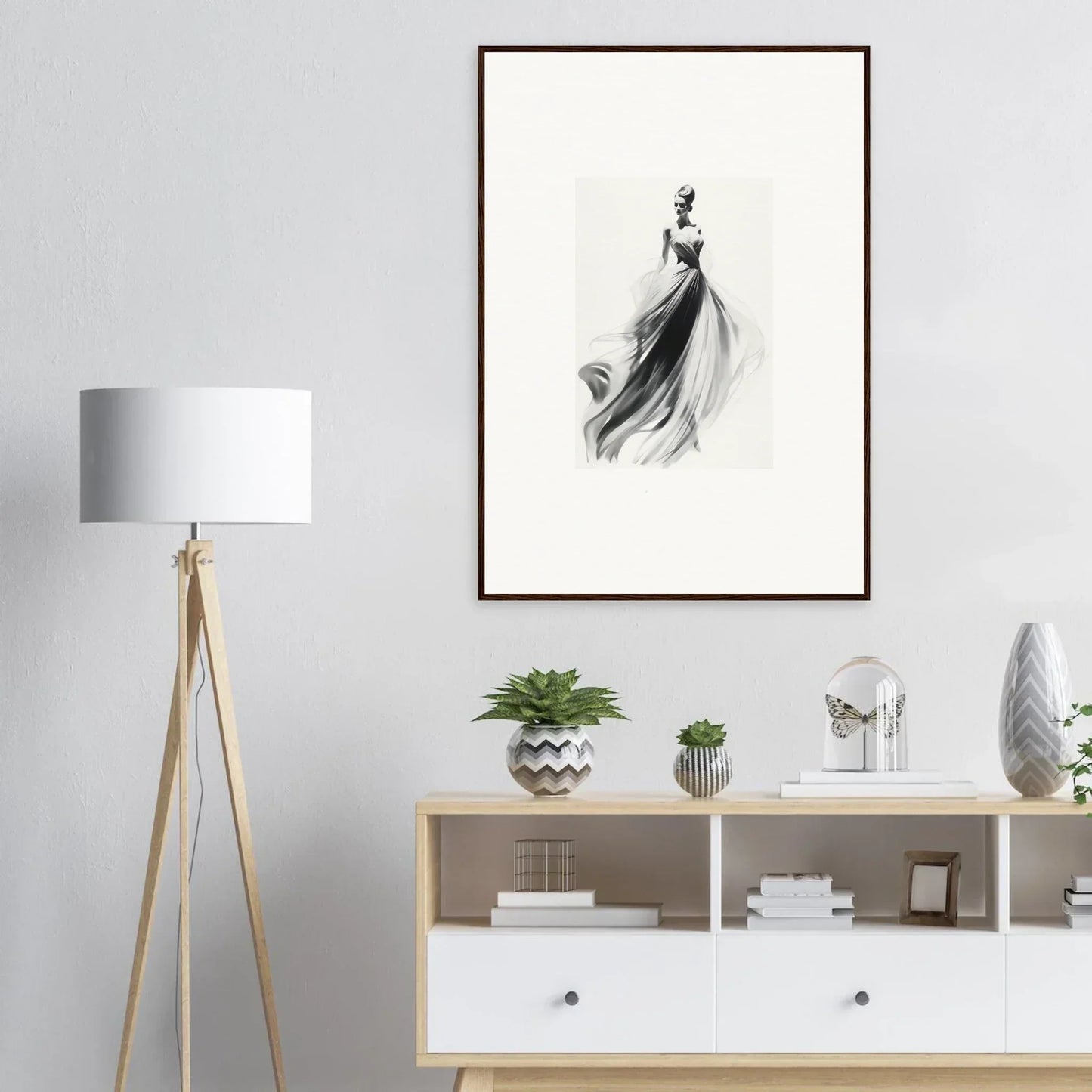 Elegant black and white fashion illustration of Sylph Dance Whispers evening gown