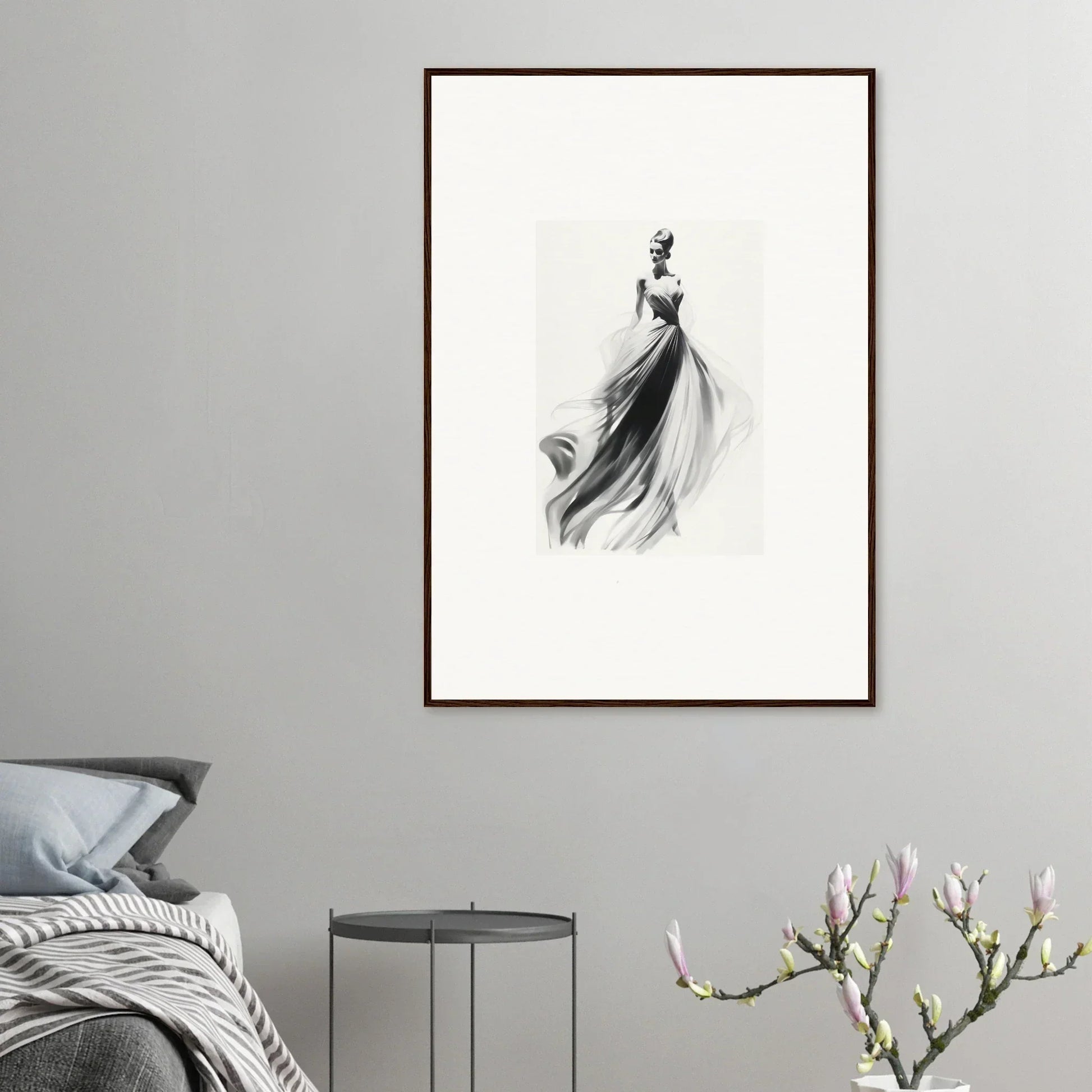 Elegant black and white sketch of flowing dress in Sylph Dance Whispers framed wall art