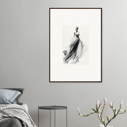 Elegant black and white sketch of flowing dress in Sylph Dance Whispers framed wall art