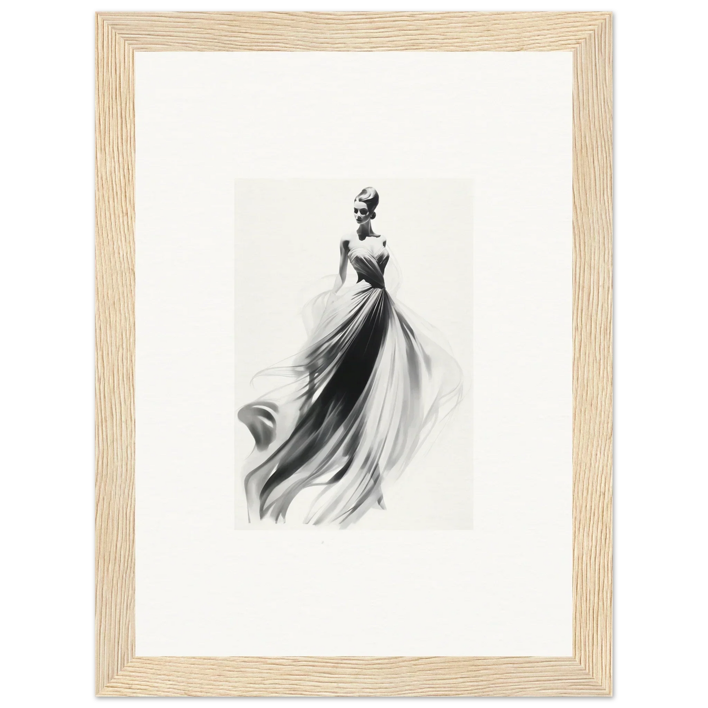 Elegant black and white fashion illustration of Sylph Dance Whispers evening gown art