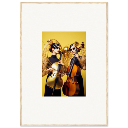 Framed wall art of musicians with cellos in wigs, perfect for Dive Illusions room decor