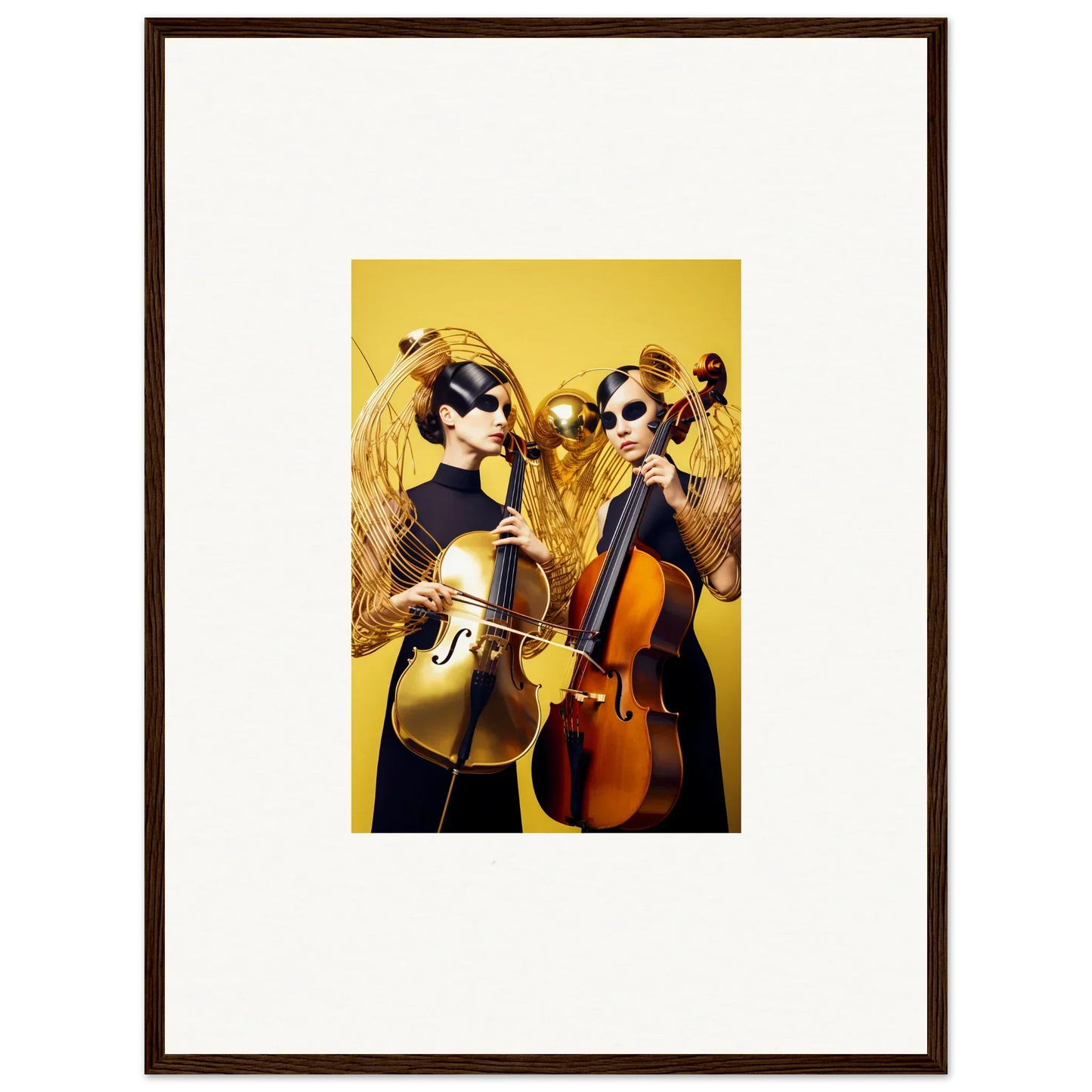 Stylized figures playing cellos in framed wall art for vibrant room decor with Dive Illusions