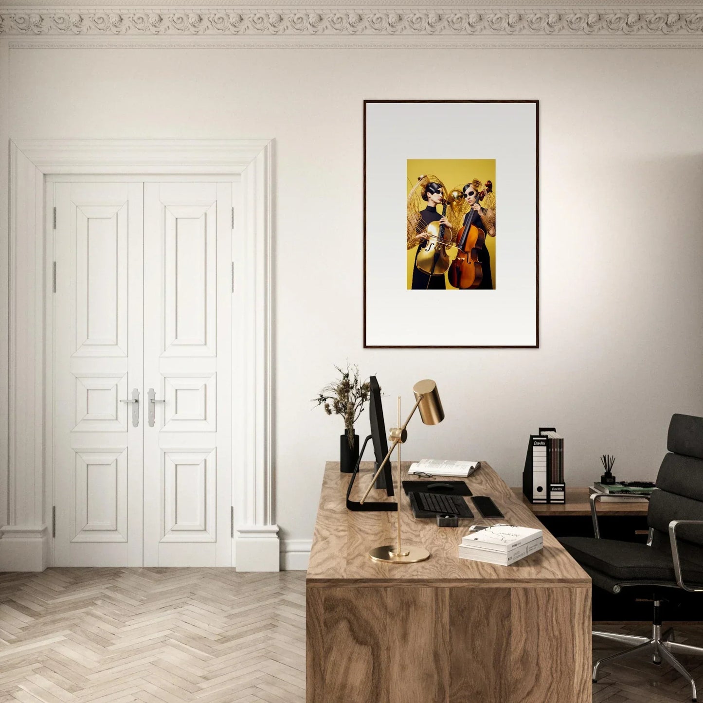 Elegant home office featuring dive illusions with wooden desk and framed wall art