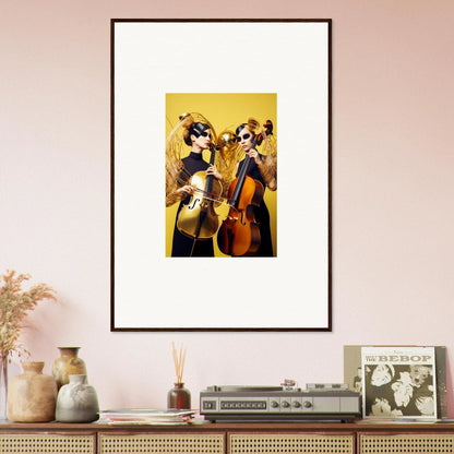 Framed wall art of anthropomorphic dogs playing cellos, perfect for room decor and dive illusions