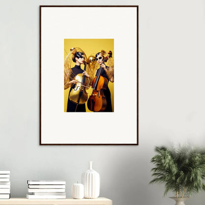 Framed wall art of two dogs playing cellos in vibrant yellow, perfect room decor dive illusions