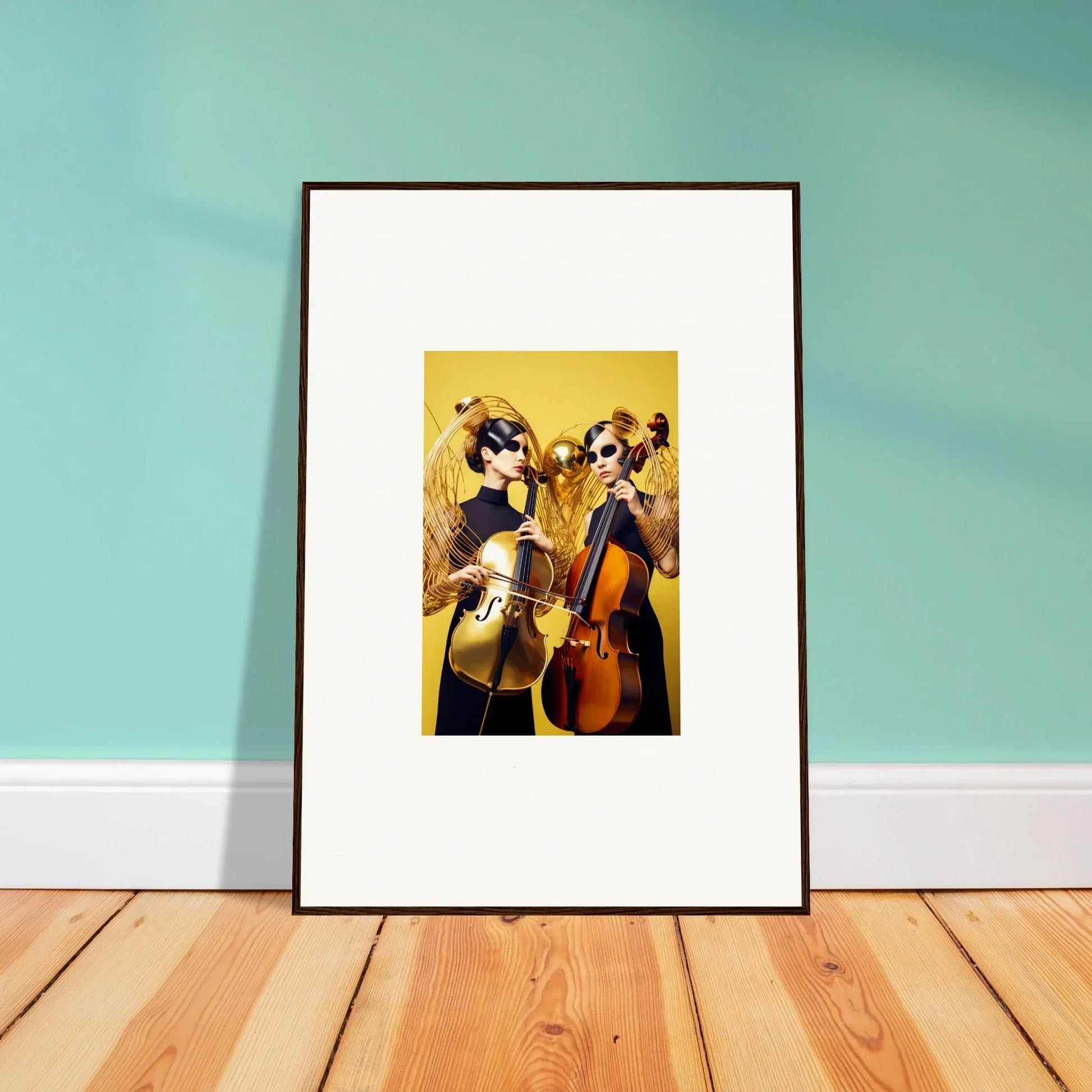 Framed wall art of two dogs playing instruments, perfect for room decor with Dive Illusions