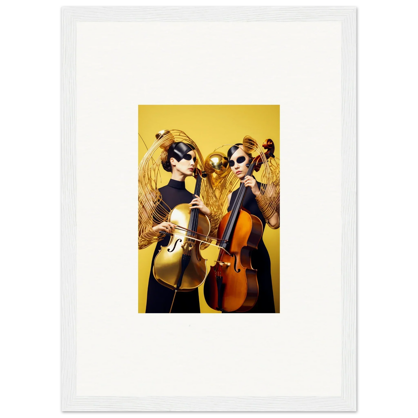 Framed wall art of two musicians playing cellos, perfect for room decor and Dive Illusions