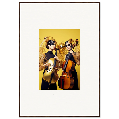 Framed wall art of musicians playing cellos in yellow for vibrant room decor