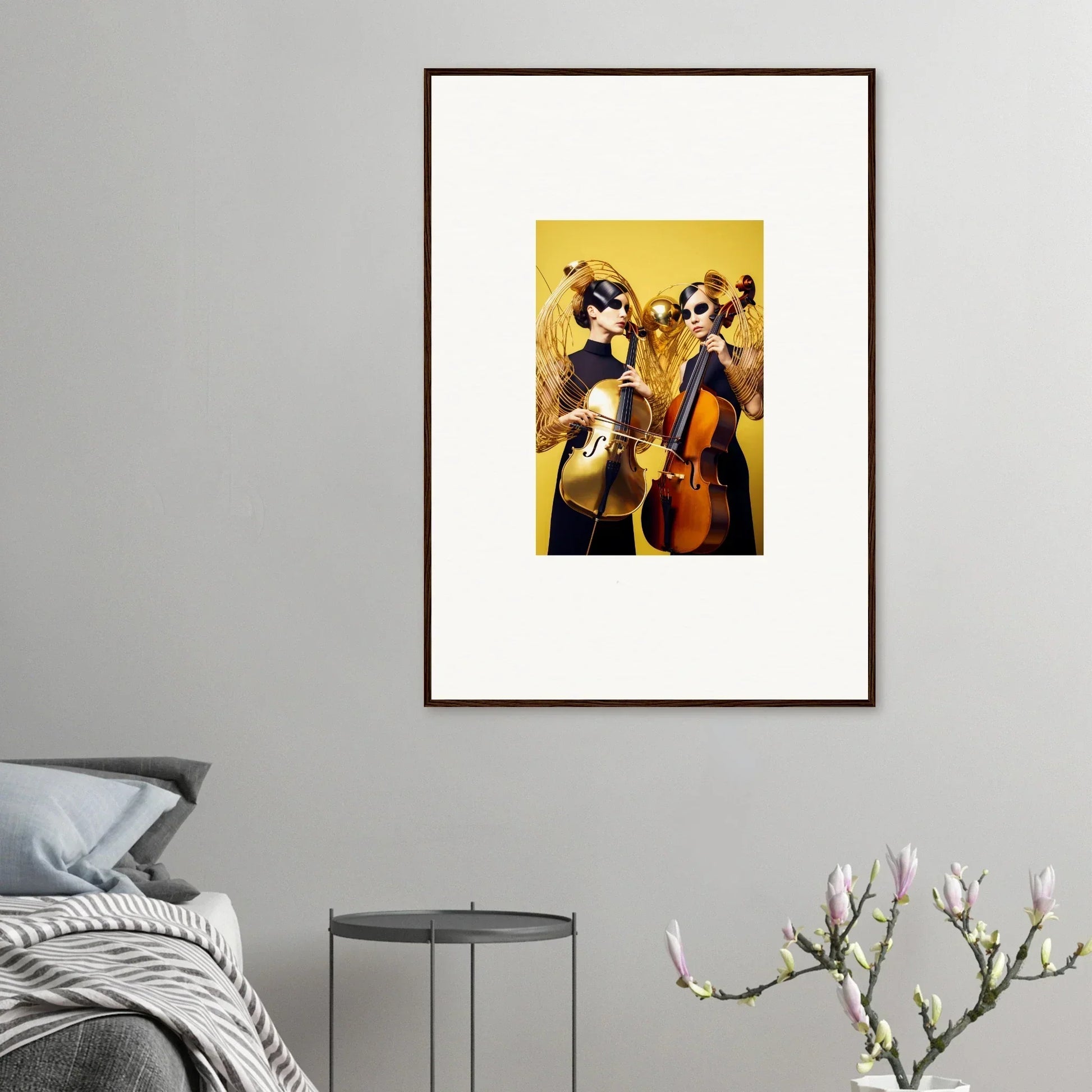 Framed wall art of musicians with cellos, perfect for room decor and Dive Illusions