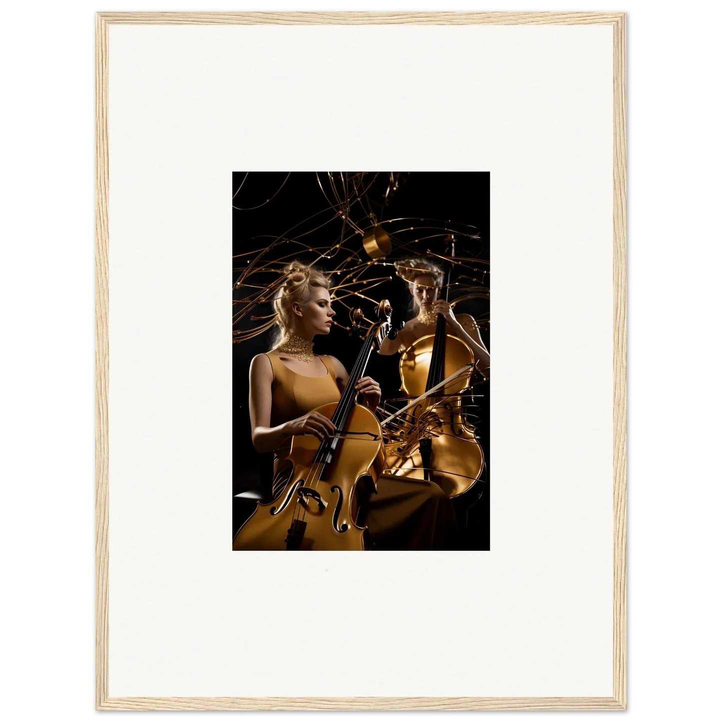 Framed canvas print of a woman playing cello, perfect for Sundream Tango room decoration