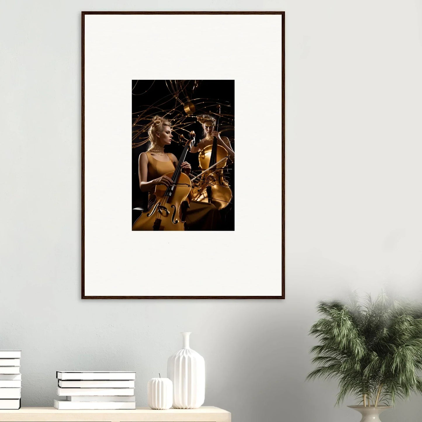 Framed canvas print of two women playing saxophones for vibrant Sundream Tango room decoration