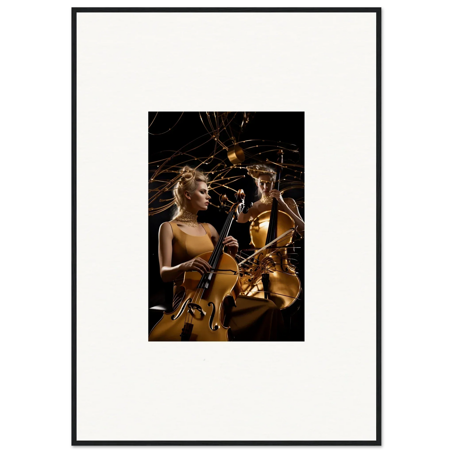 Framed canvas print of a woman playing violin in golden light for stylish room decoration