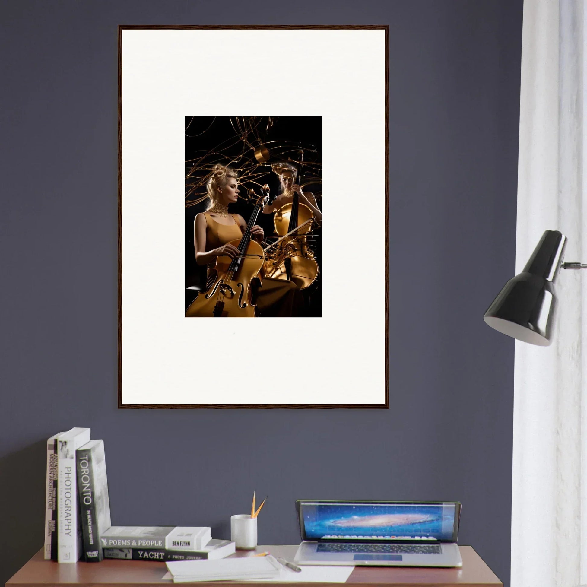 Framed canvas print of musicians in dramatic light for stylish room decoration