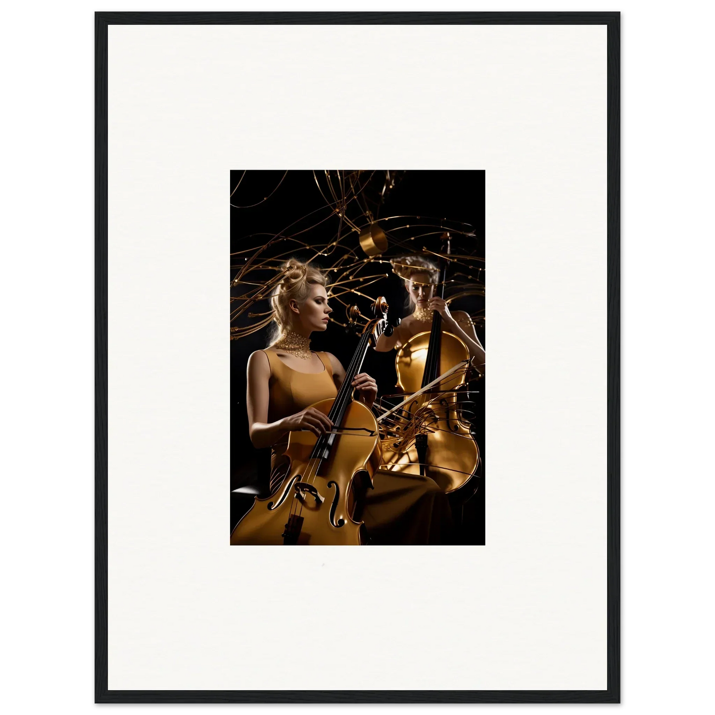 Framed canvas print of a woman playing cello in golden light for Sundream Tango room decoration