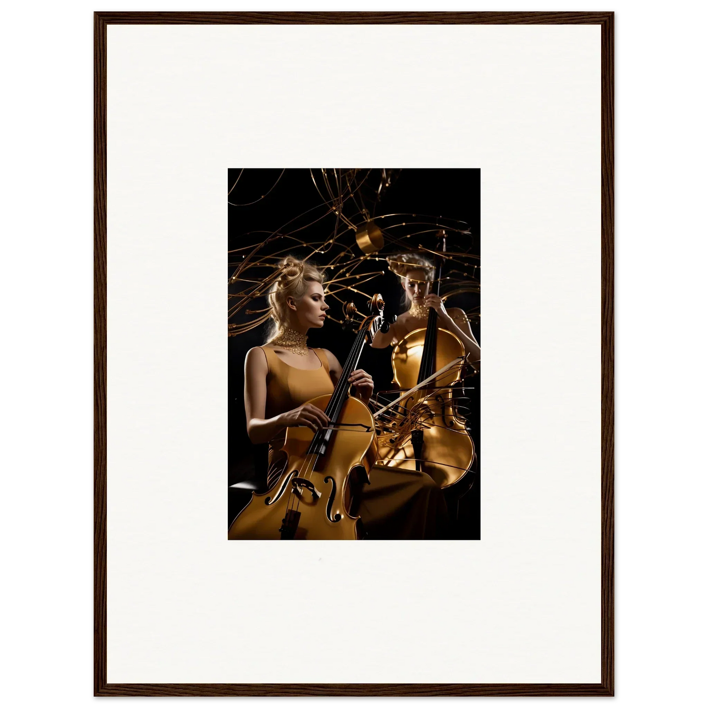 Framed canvas print of woman playing cello in golden light for Sundream Tango room decoration