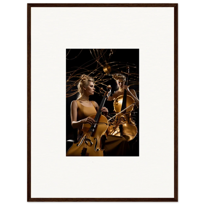 Framed canvas print of woman playing cello in golden light for Sundream Tango room decoration