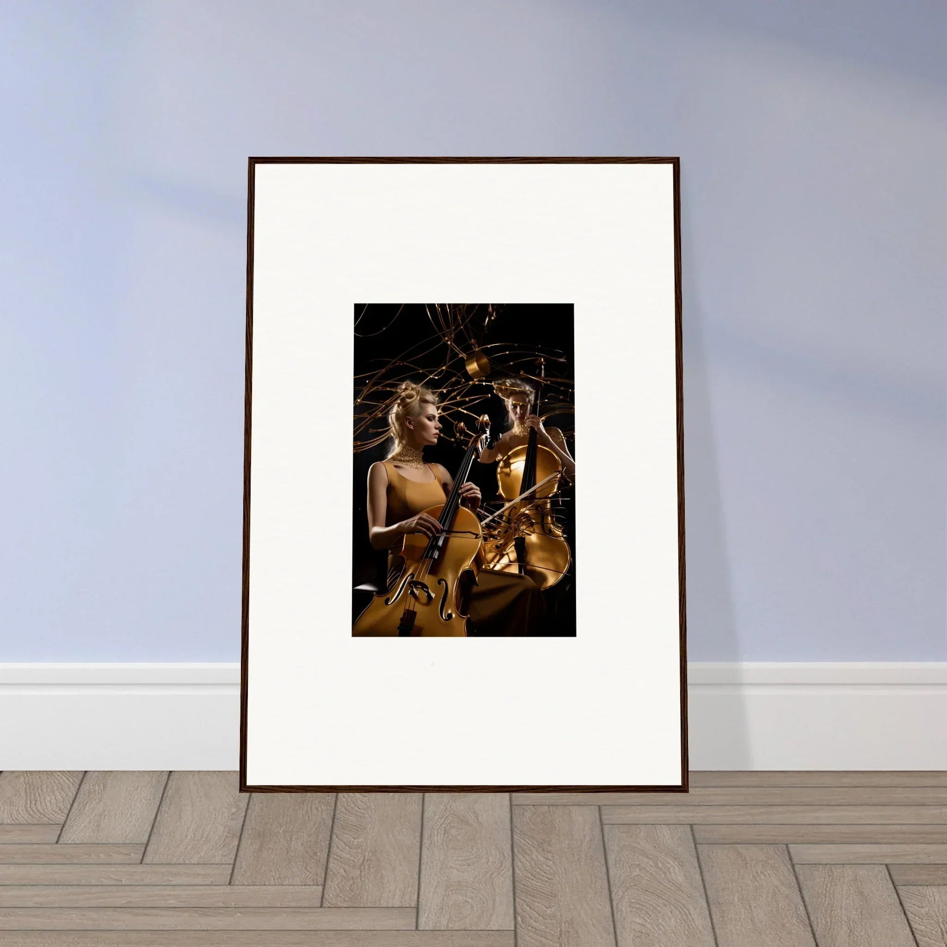 Framed photo of golden robots with instruments, perfect for your Sundream Tango room decoration