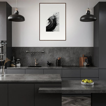 Modern monochromatic kitchen featuring sleek cabinetry and framed wall art decor