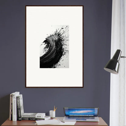 Framed black and white abstract wave artwork for modern room decor and wall art