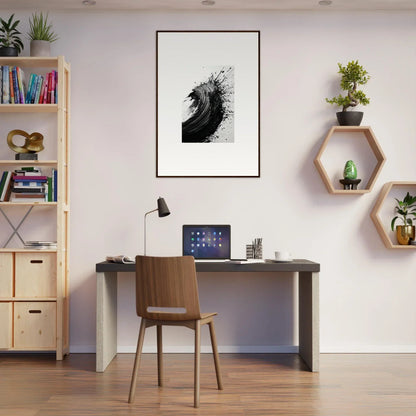 Home office workspace with desk, chair, and framed wall art for stylish room decor