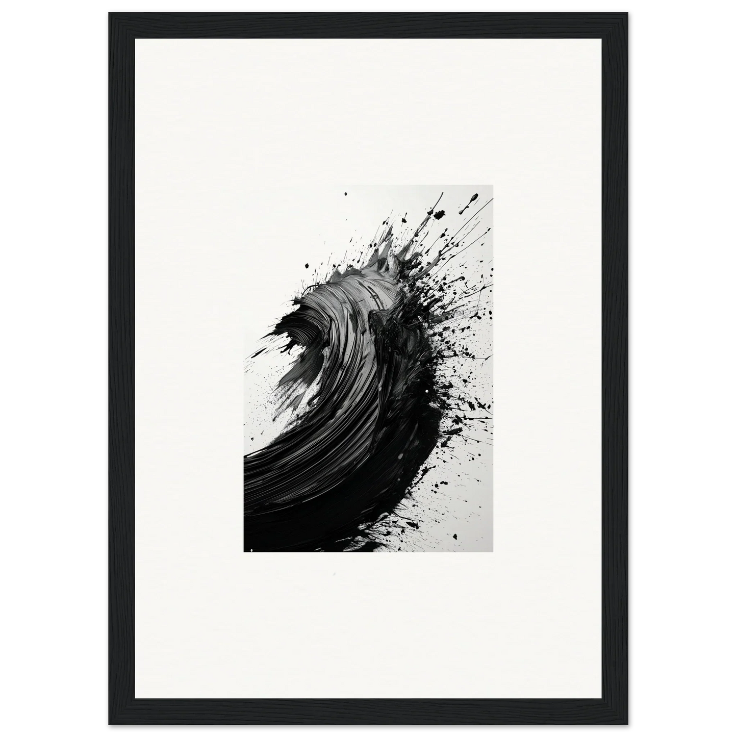 Dynamic black ink splash art resembling a crashing ocean wave for stylish room decor