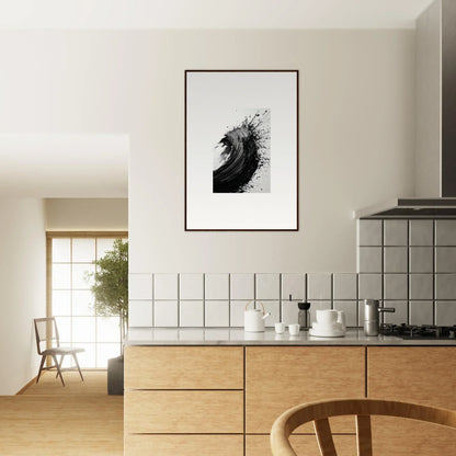 Minimalist kitchen with wooden cabinetry and framed wall art for stylish room decor