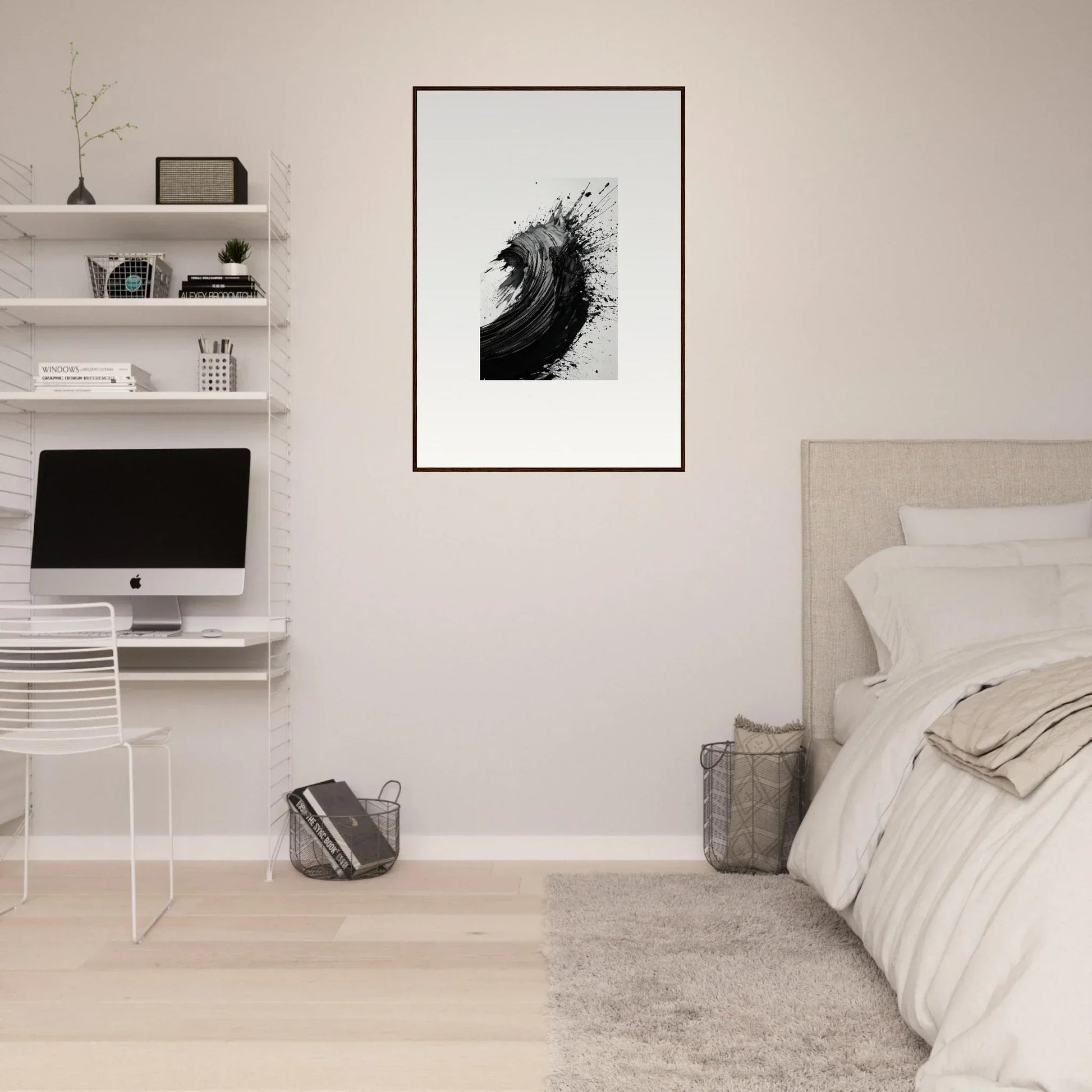 Minimalist bedroom featuring striking black and white framed wall art for stylish room decor