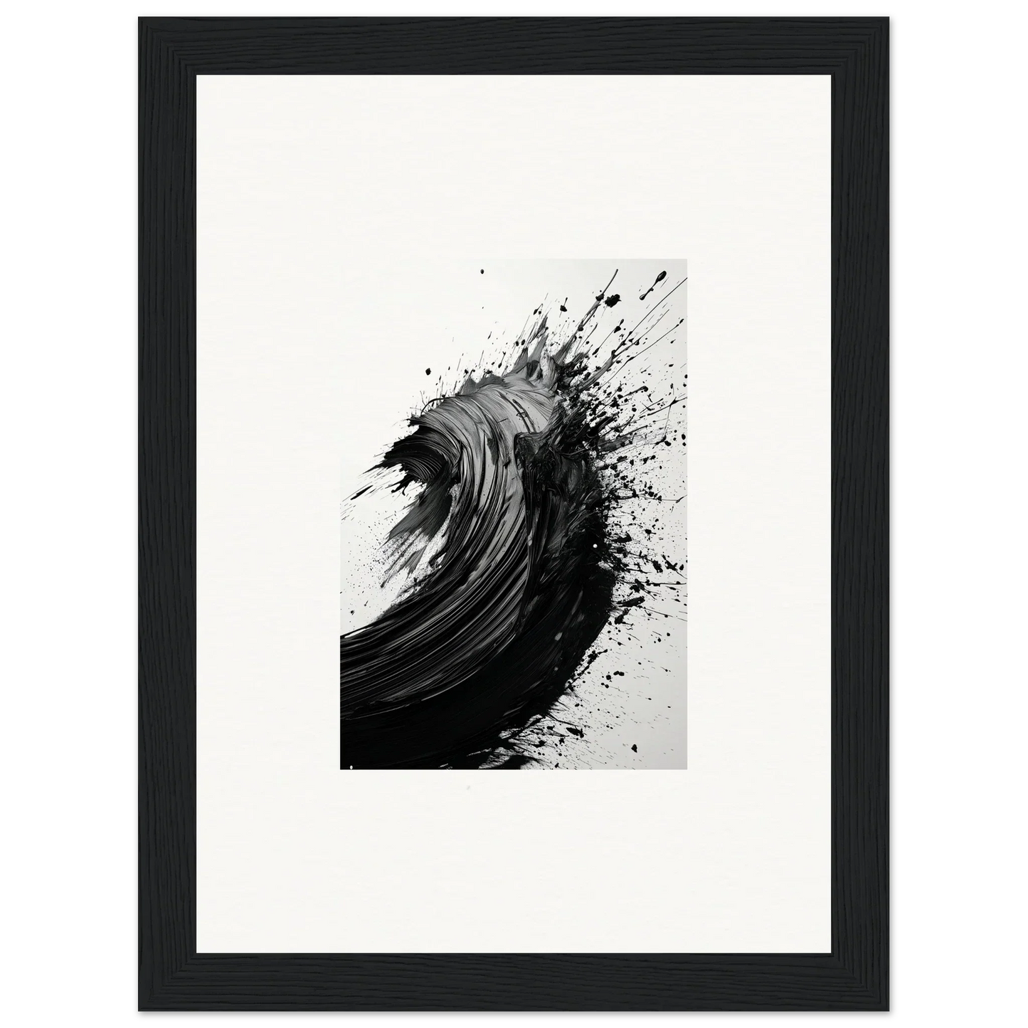 Dynamic black ink splash art resembling an ocean wave for stylish room decor