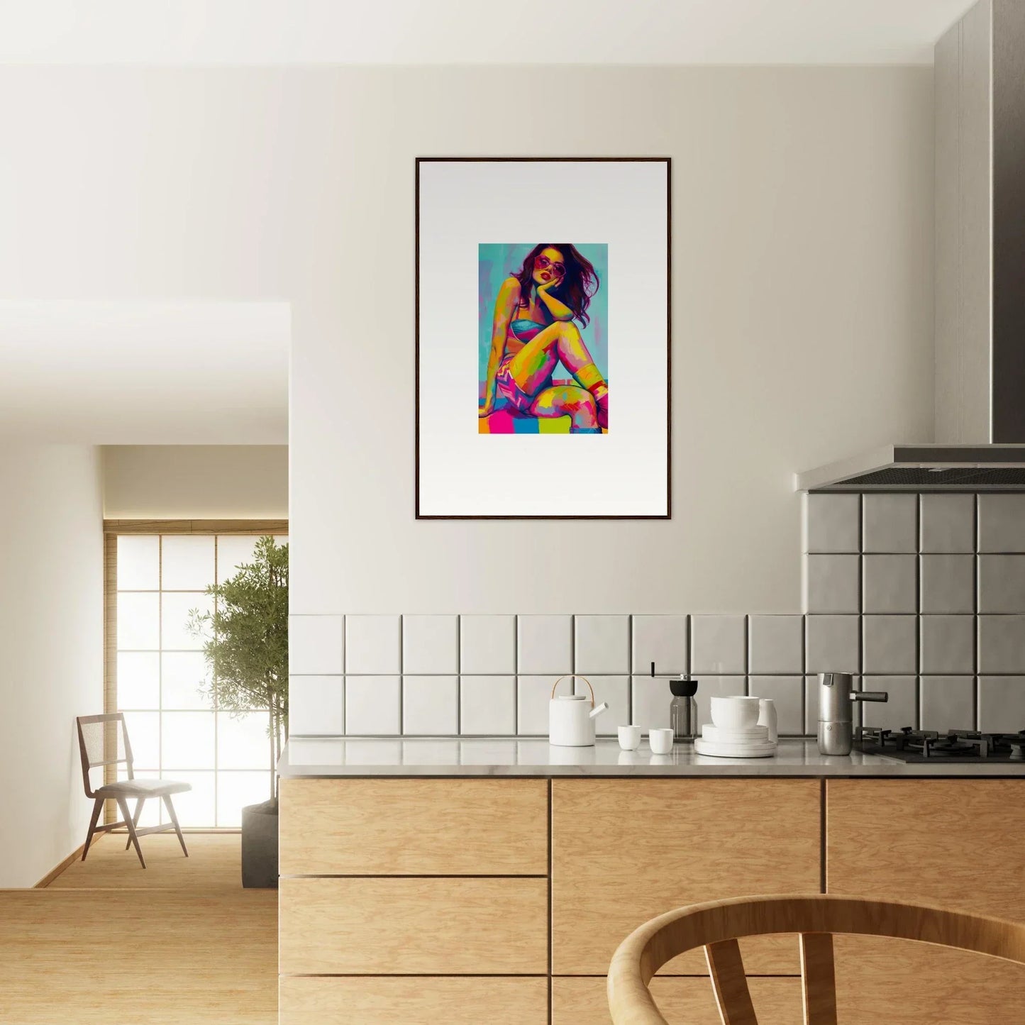 Framed wall art of a seated woman in vibrant clothing for dream seductions room decor