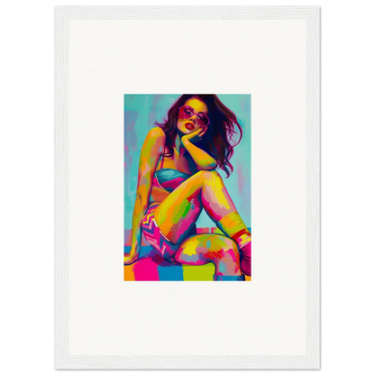 Colorful woman in sunglasses and swimwear for dream seductions framed wall art