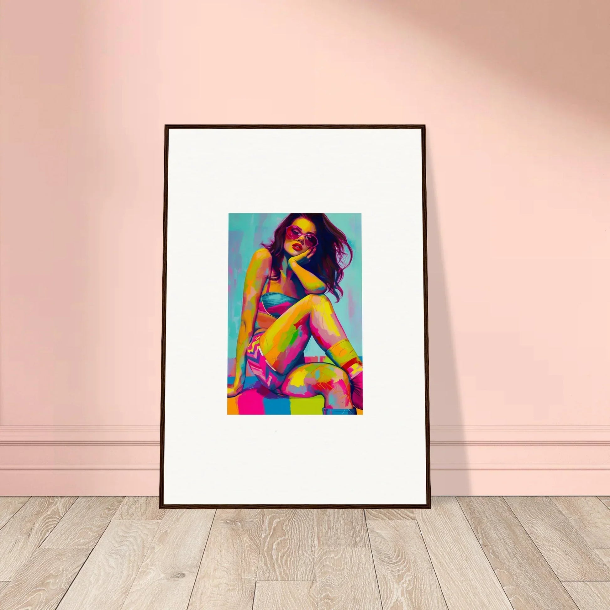 Framed wall art of a colorful pop art portrait woman in a bikini for dream seductions