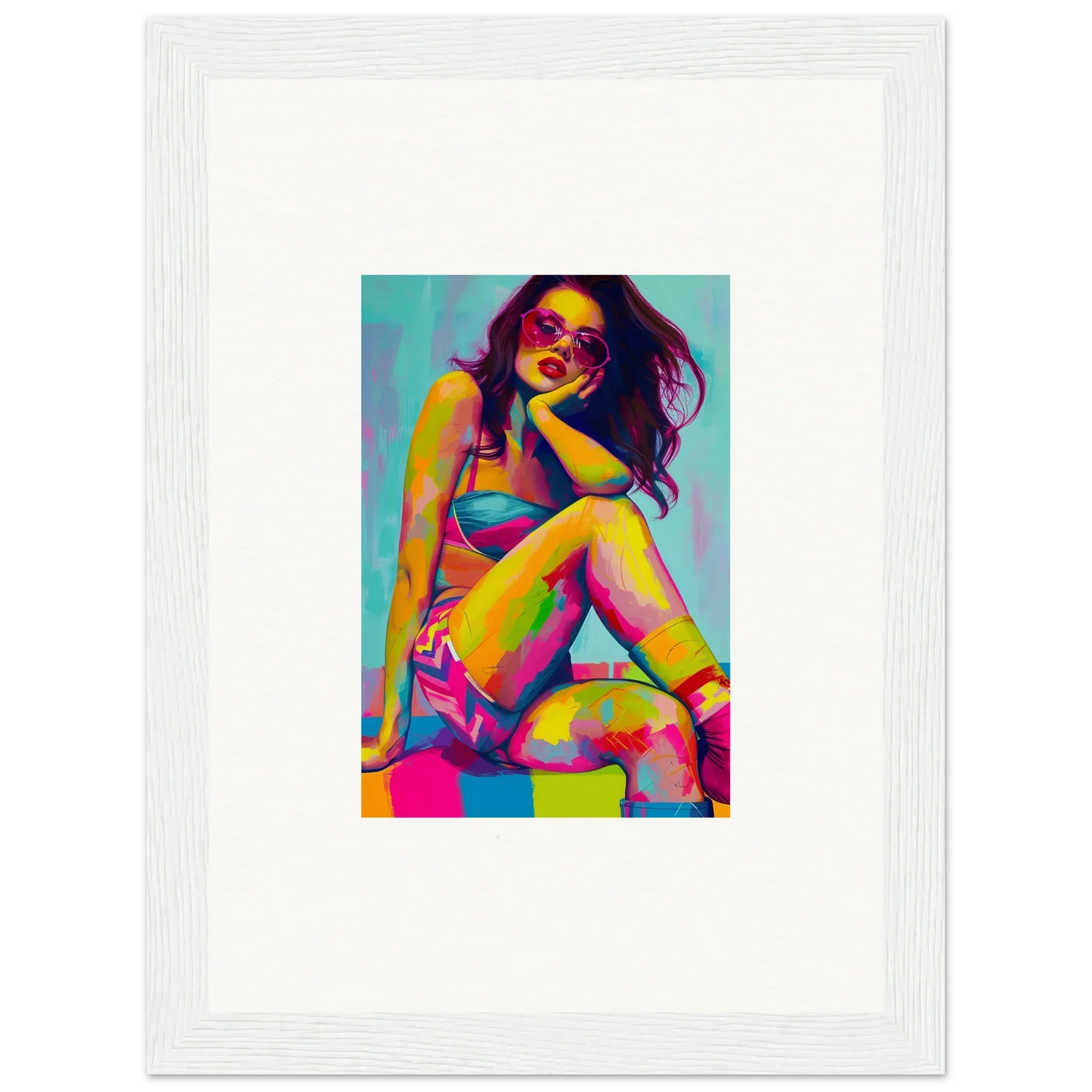 Colorful pop art portrait of a woman in sunglasses for trendy room decor and dream seductions