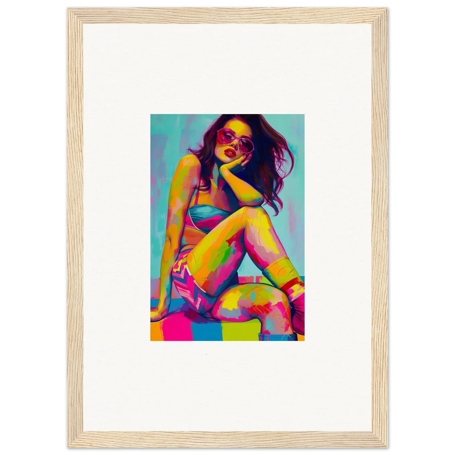 Colorful pop art-style portrait of a woman in a bikini for dream seductions room decor