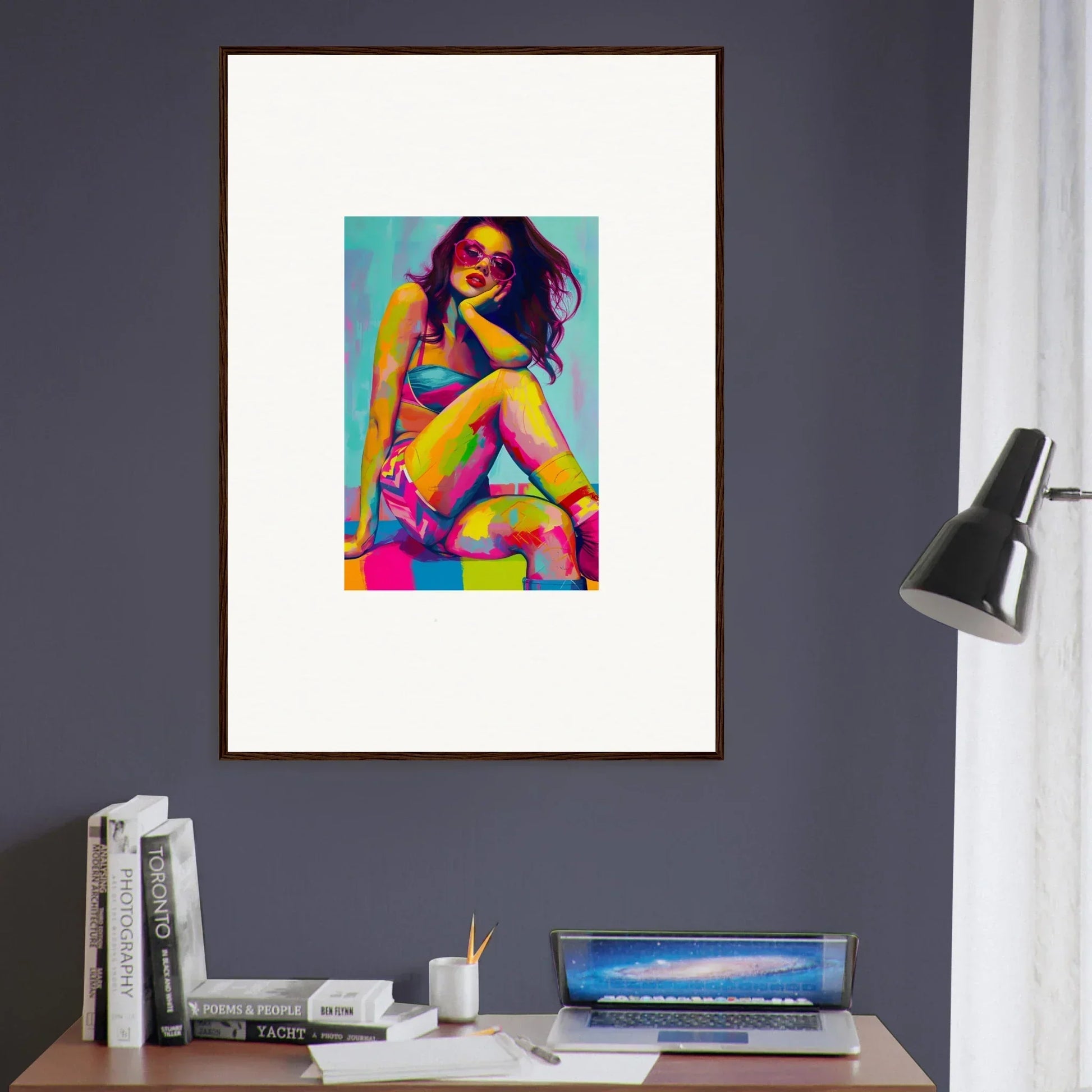 Colorful pop art-style framed wall art of a woman in a bikini for dream seductions room decor