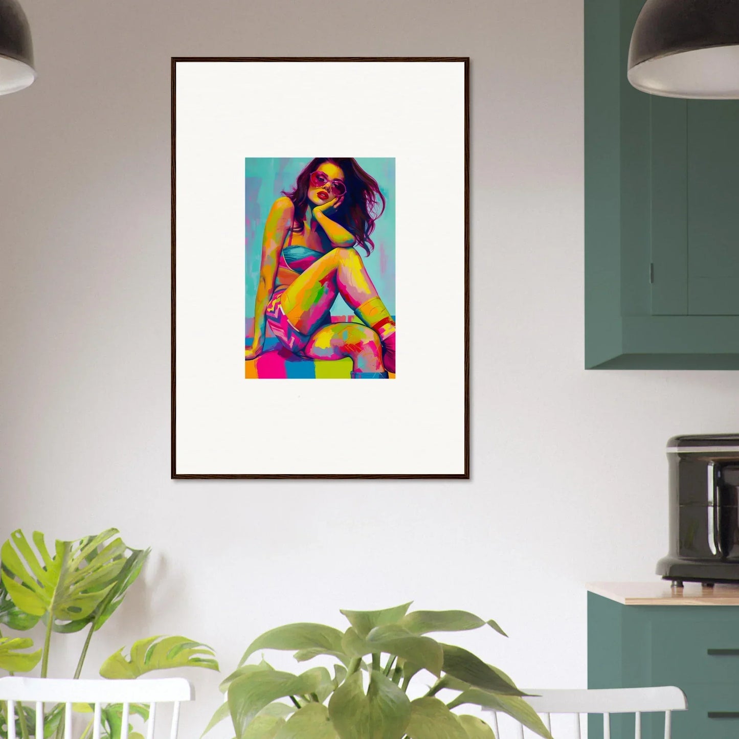 Framed wall art of colorful pop art portrait showcasing dream seductions for room decor