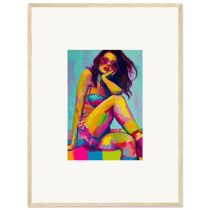 Colorful pop art woman in bikini for dream seductions room decor framed wall art