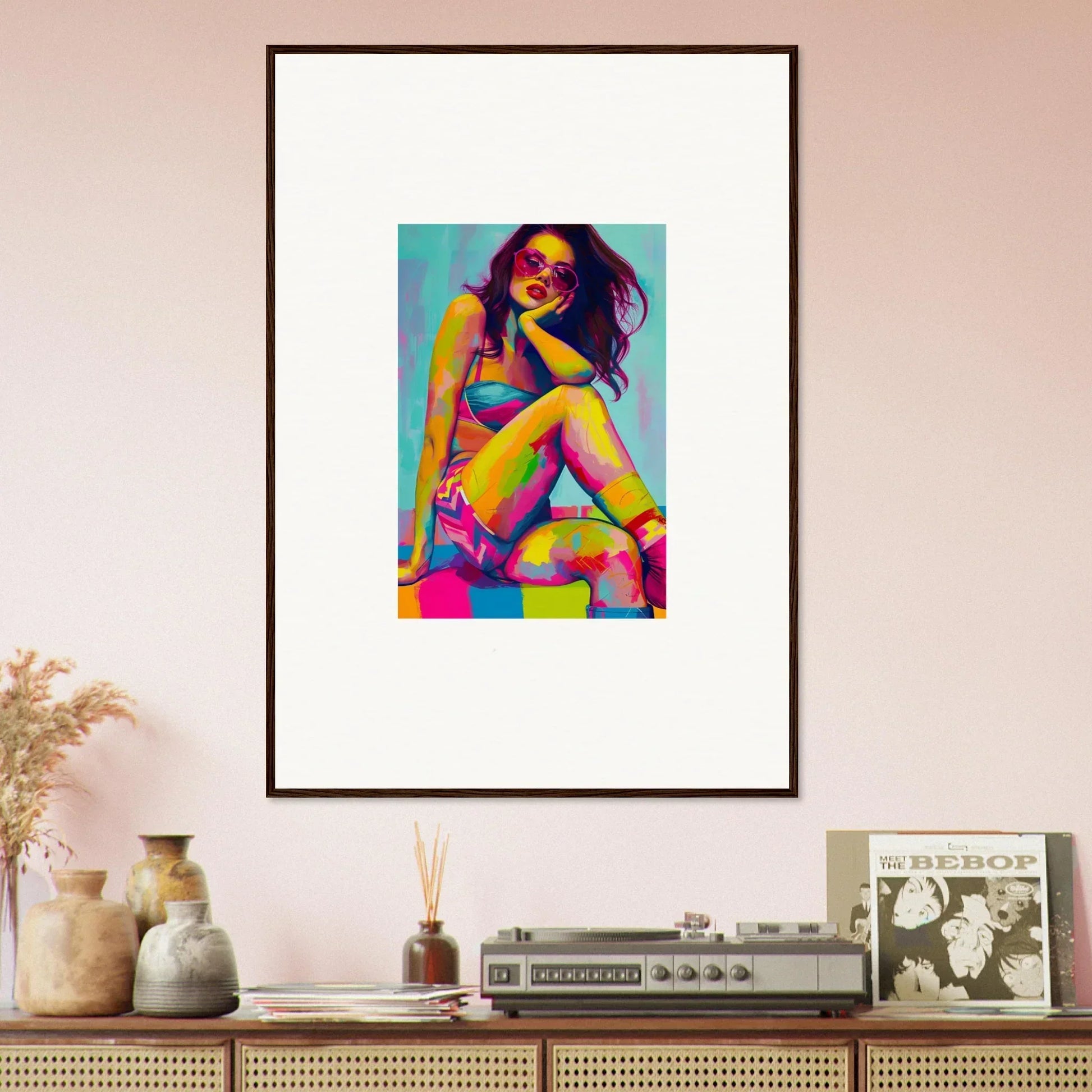 Framed colorful pop art portrait of a woman, perfect for dream seductions and room decor