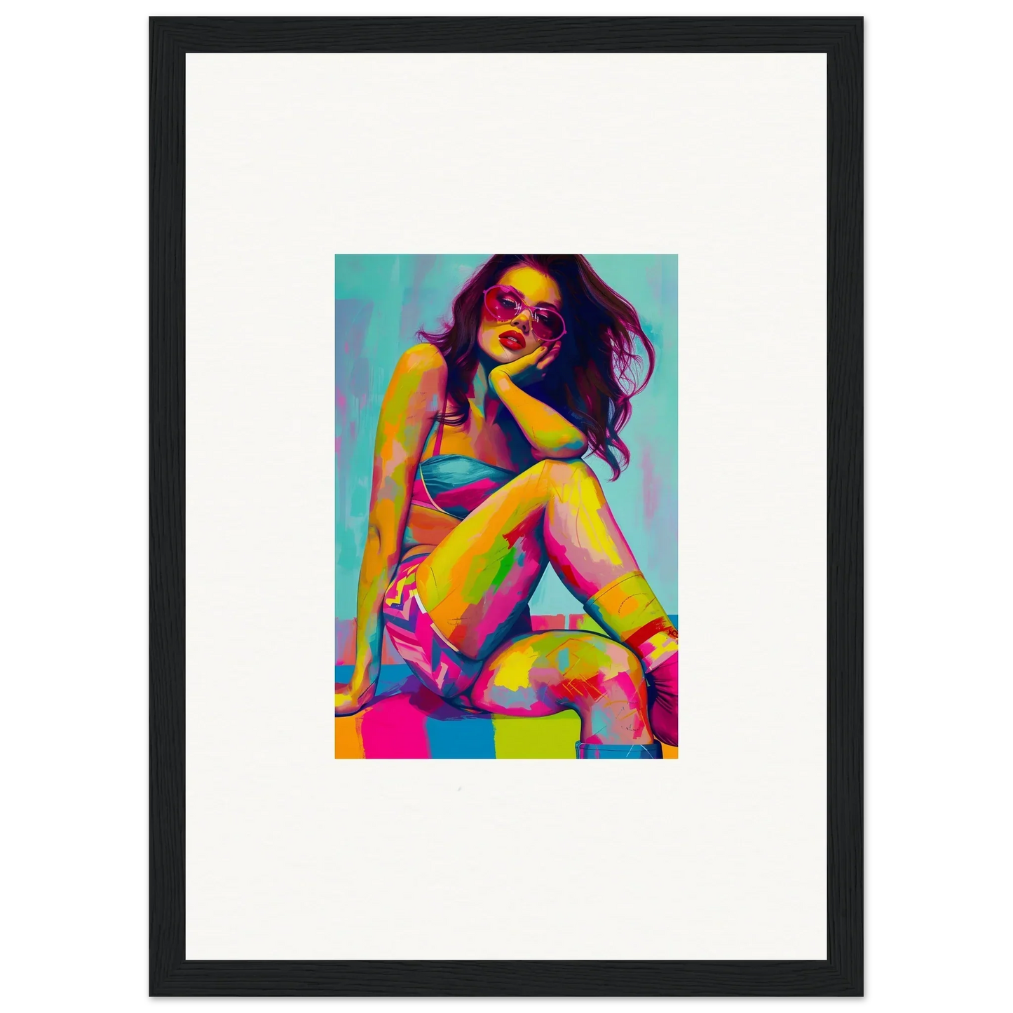 Colorful pop art portrait of a woman in sunglasses, ideal for dream seductions room decor