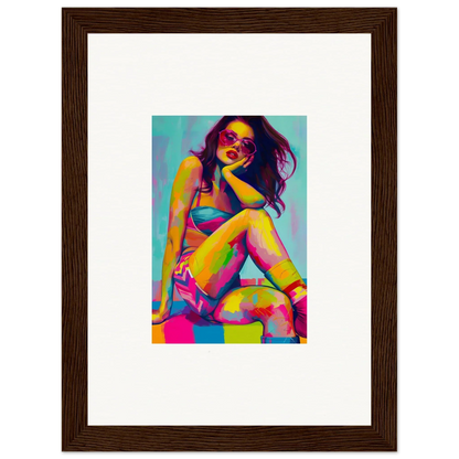 Colorful pop art portrait of a woman in sunglasses, ideal for dream seductions room decor