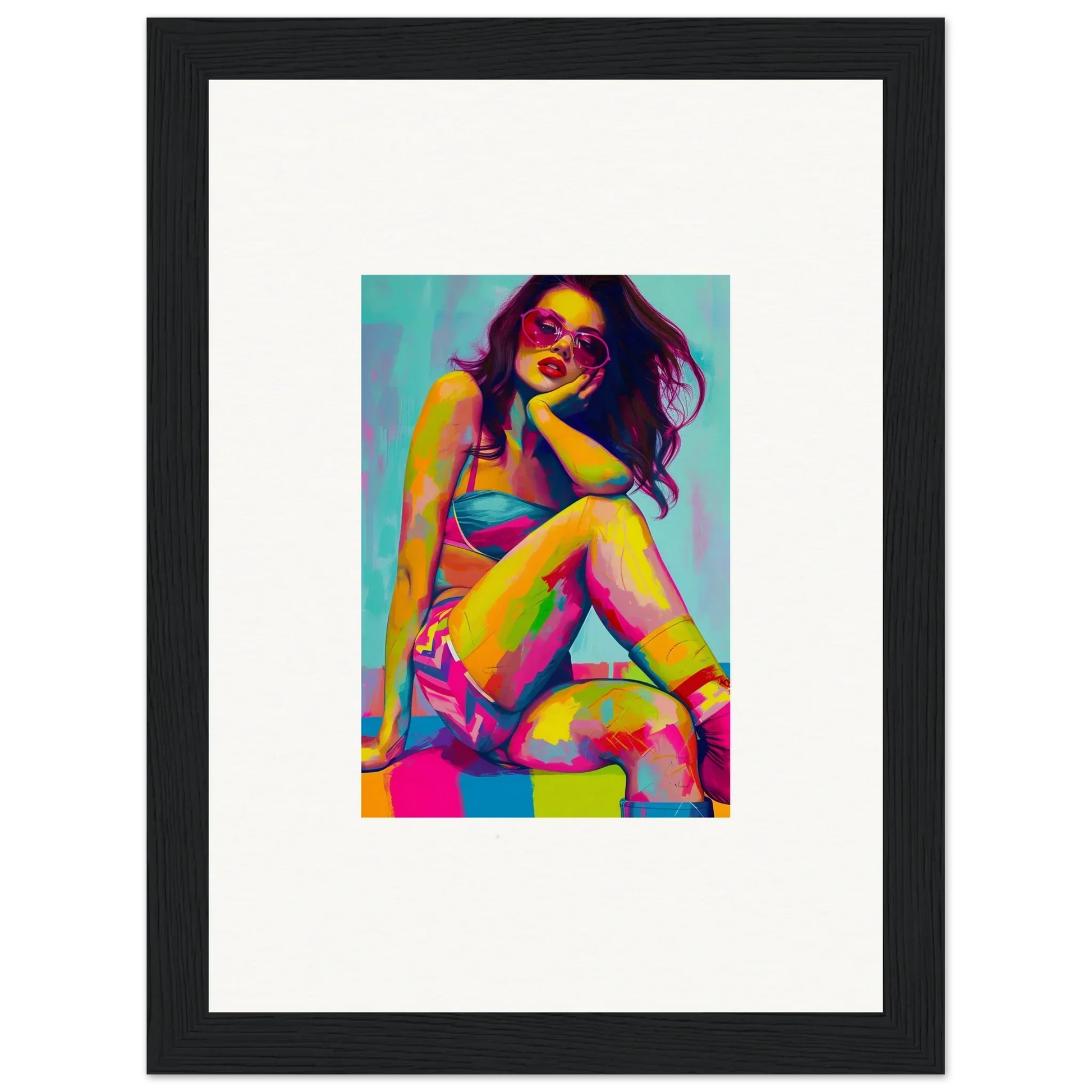 Colorful pop art portrait of a woman in a bikini for dream seductions room decor