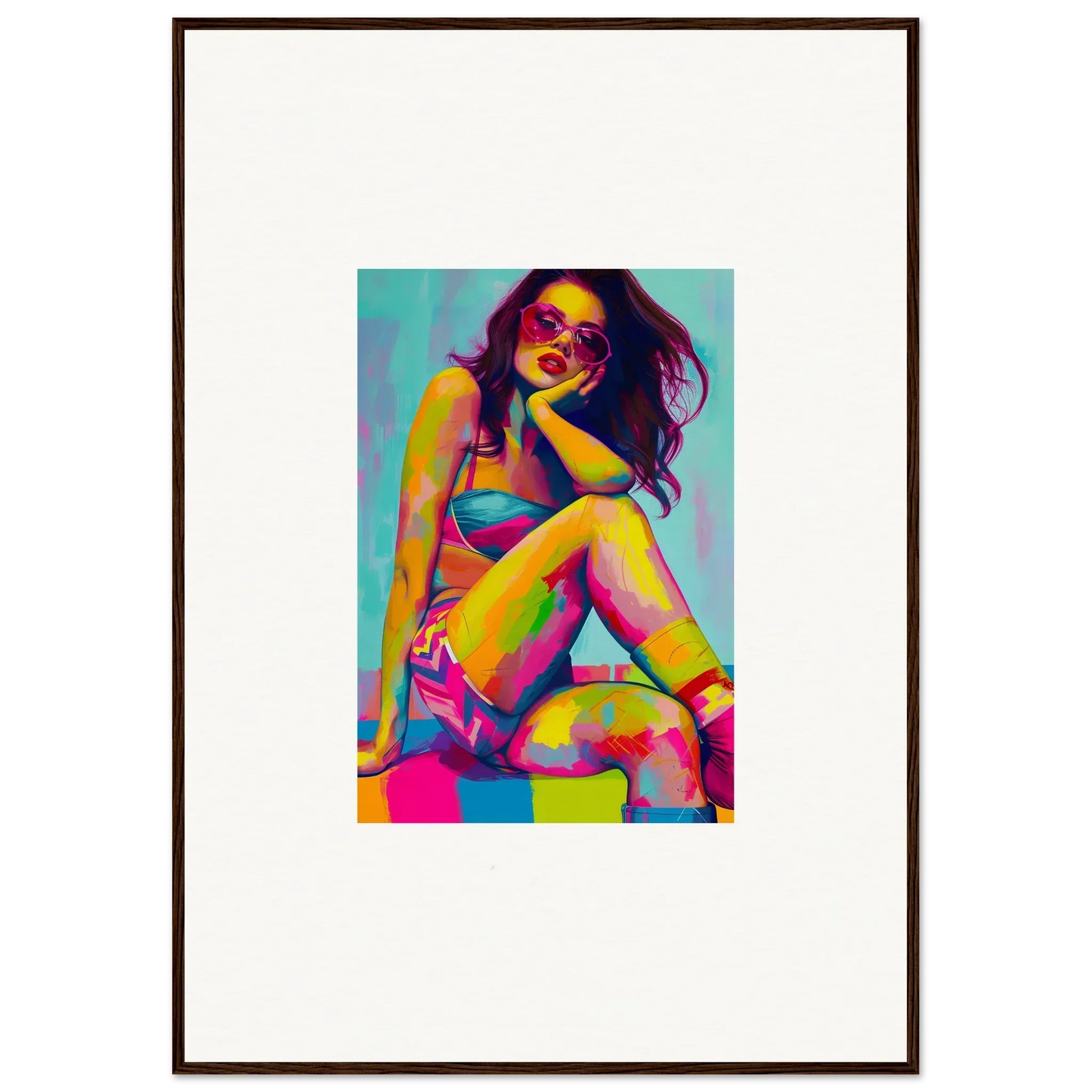 Colorful portrait of a woman in swimwear for dream seductions room decor framed wall art