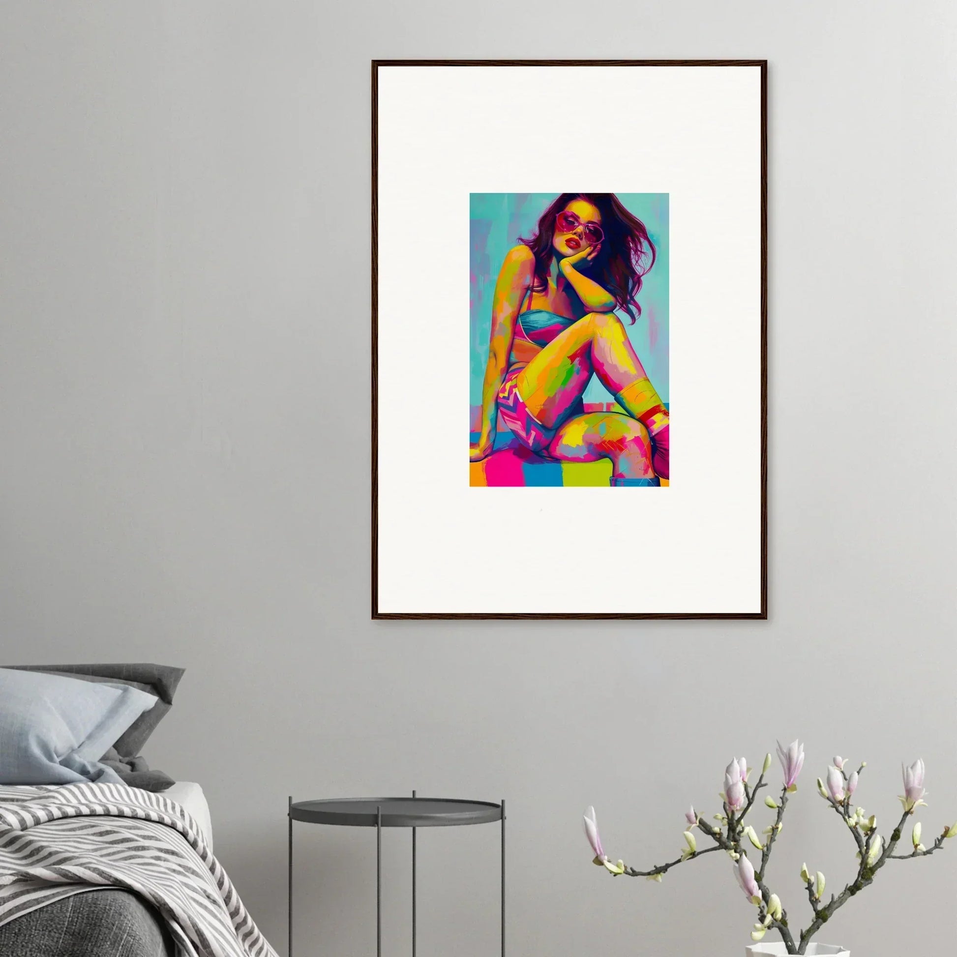 Framed wall art of a colorful woman portrait for vibrant room decor and dream seductions