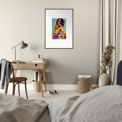 Framed wall art of a woman in vibrant pop art style for dream seductions room decor