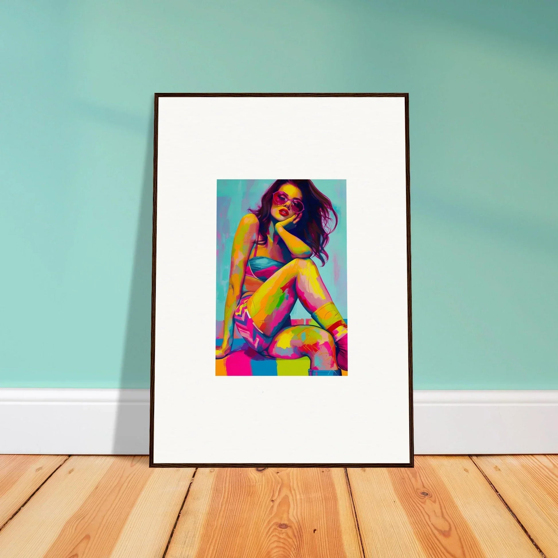 Framed colorful pop art portrait of a woman for stylish room decor and dream seductions