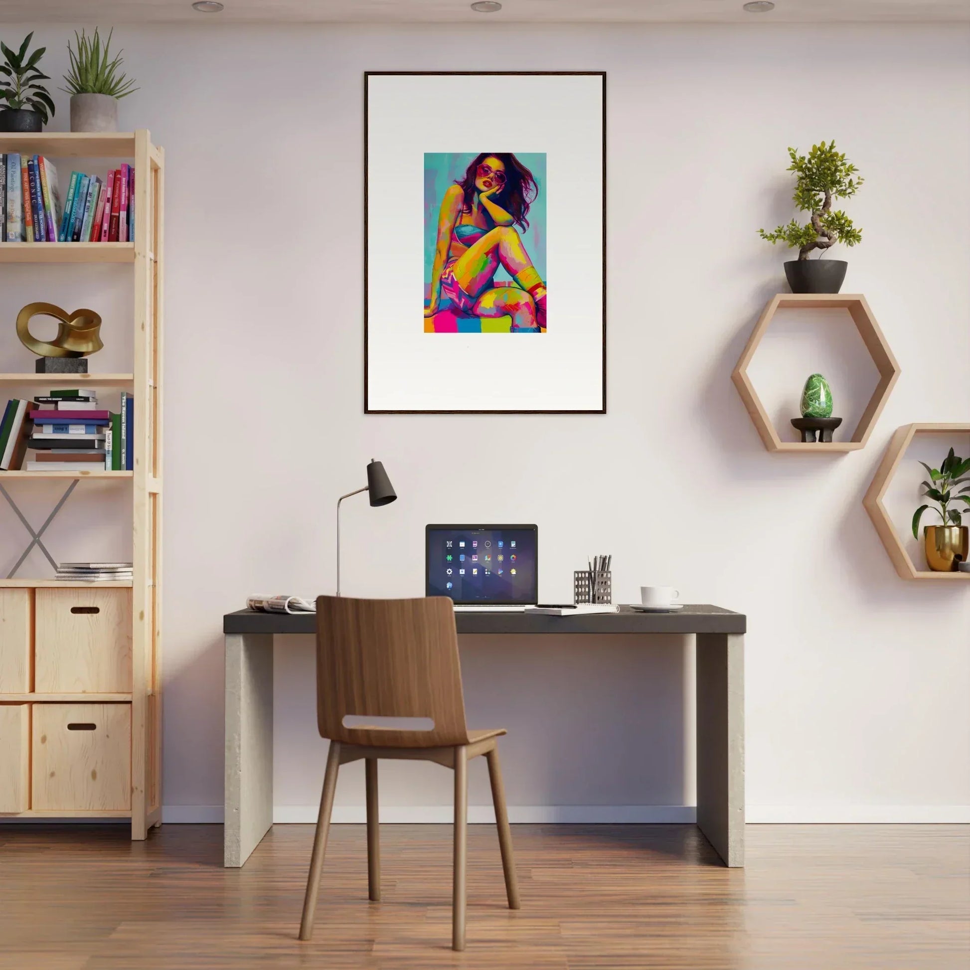 Modern home office featuring desk, chair, and framed wall art for dream seductions